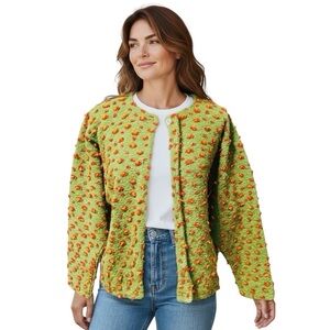 Chuck Roast Green Red Popcorn Knit Wool BlendCardigan Sweater Lg Cottage-gore